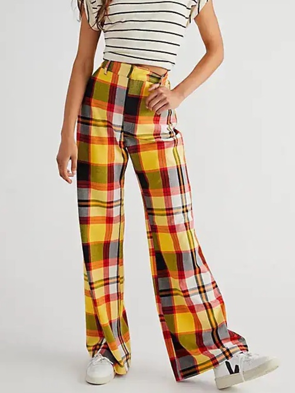 Free People Jules Plaid Flare Leg Pants Blackbird Combo Size 4 - Picture 1 of 7